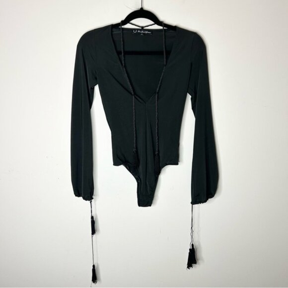 FREE PEOPLE For Love & Lemons Kate Bodysuit Black Tassels Bell Sleeves Plunging - Picture 7 of 16